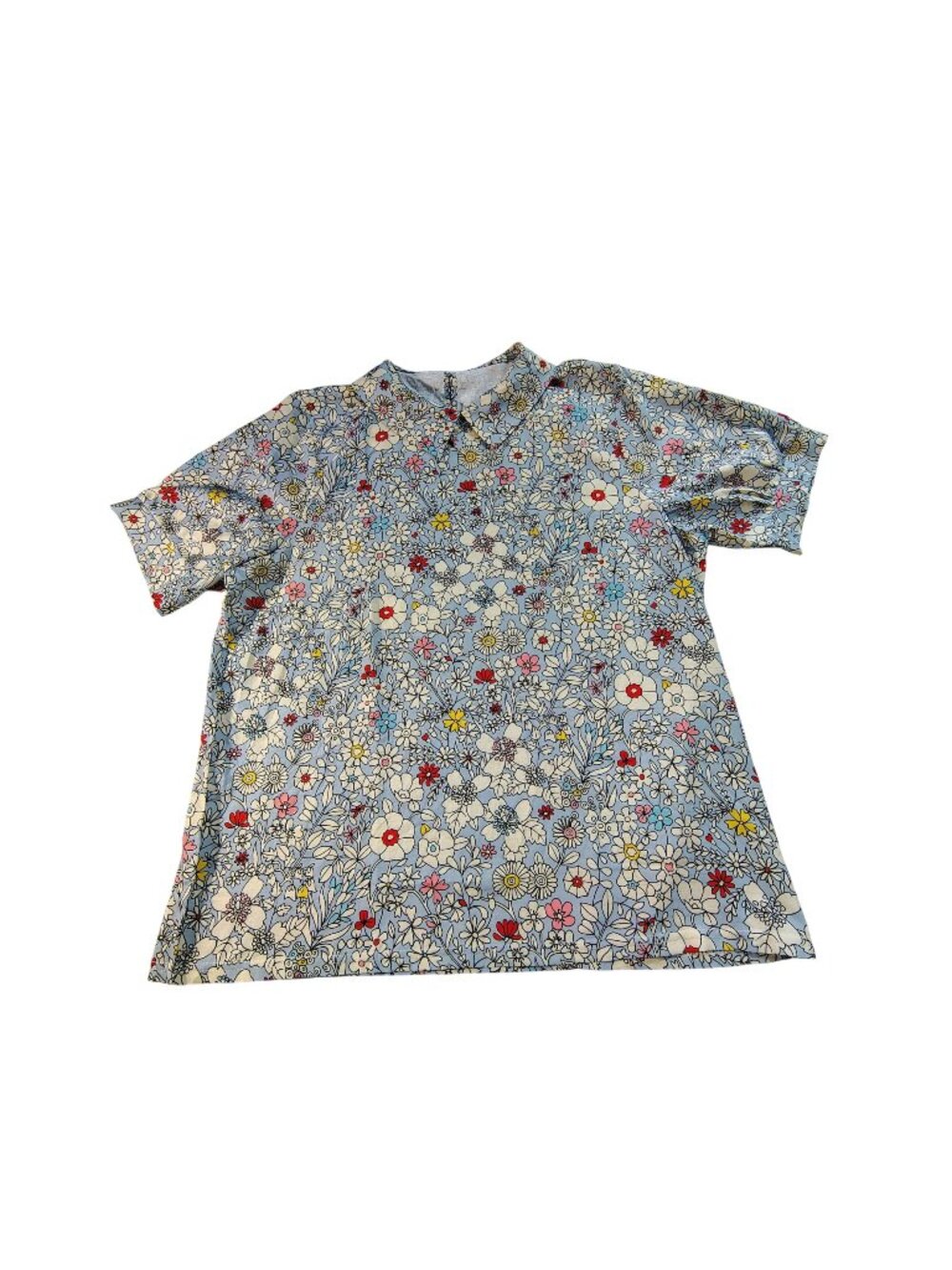 Multicolor Floral Button-Up Blouse XL Short Sleeve Lightweight Polyester Shirt